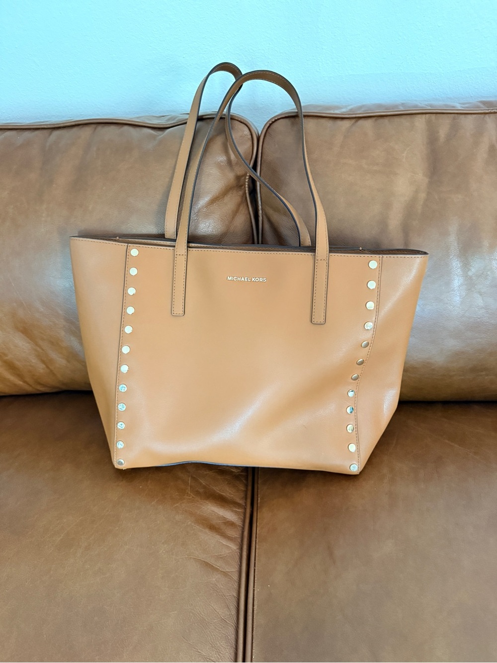 Michael Kors Rivington Gold Studded Cognac Leather Tote - Picture 5 of 14